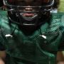 My son had his first padded football practice last night. He means business. 