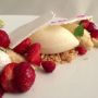 A new Topolo bonus dessert: chamomile tres leches, chamomile ice cr, meringue 2 ways, local fraises des bois & strawberries