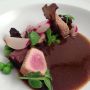 New Topolo Mole Tasting: ahi tuna, brothy mole de olla (pasilla & meco, epazote), morel & maitake, beef tongue, peas